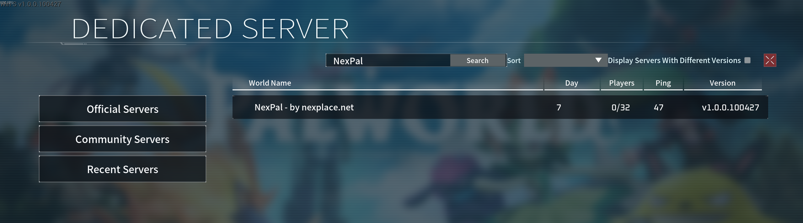 Palworld Server-Browser: Community Servers ausgewählt, Suche nach "NexPal", Server "NexPal - by nexplace.net" gefunden